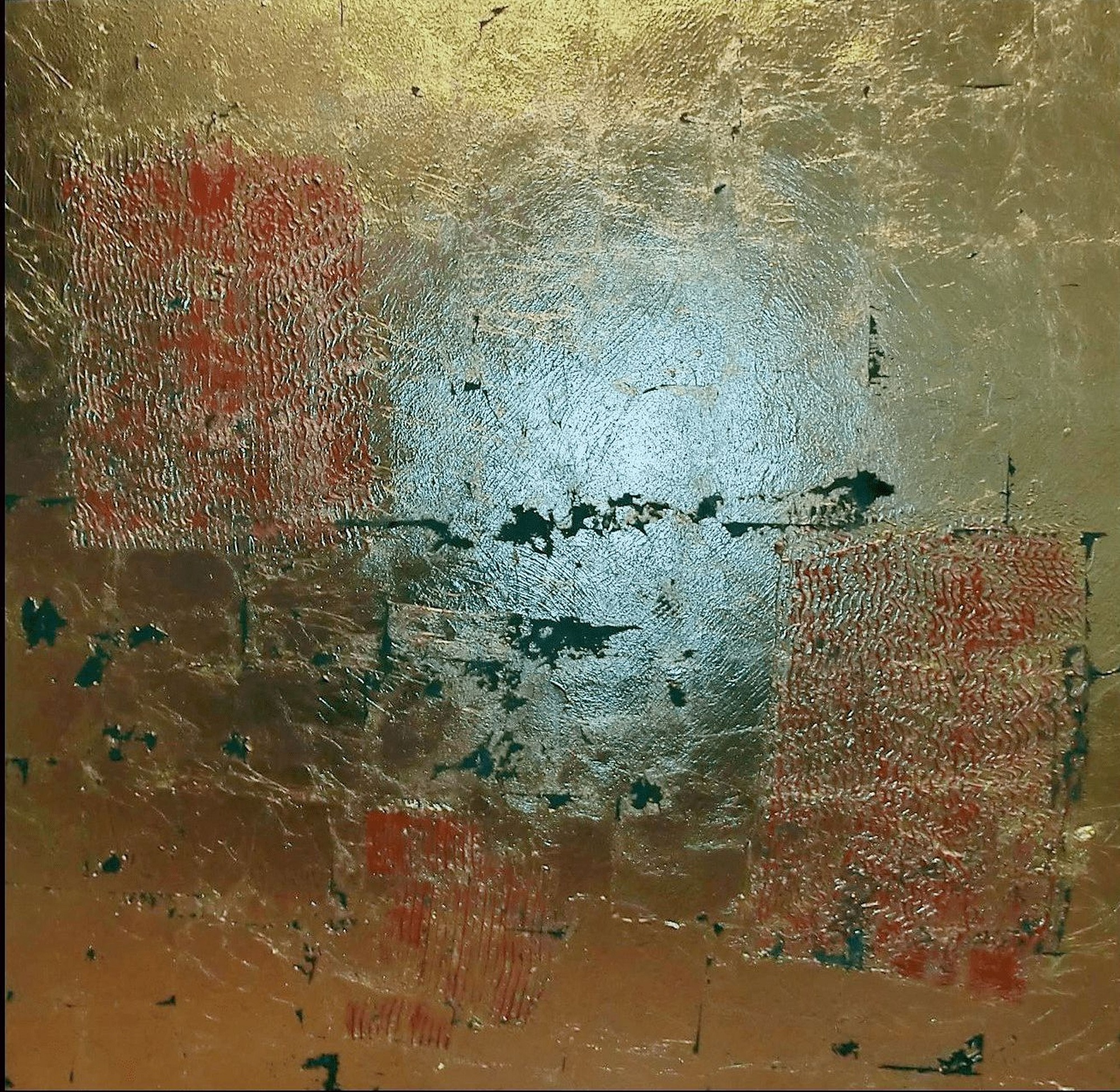 Bilder kaufen Berlin 2021 - gold schwarz rot Blattgold Malerei 128x128 cm Leo Slash