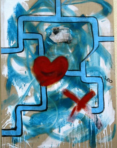 Luxus Kunst kaufen abstrakte Malerei 160 x 120 cm rot blau weiss - Bild HERZRISS Maler LEO